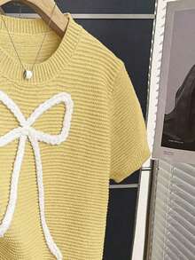 2026Franclia New Women's Sweet And Cute Pink Casual Knit Sweater With Bow, Short Sleeve Baby Pink Bow Blouse For Spring/Summer, Cute Knit Blouses With Bow For Women - 淺黃色 - 查看 7