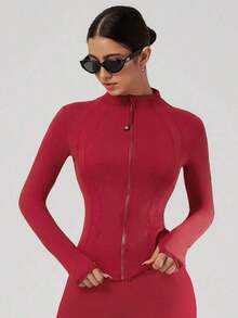 2026 VUTRU Women's Slim Fit Sports Jacket With Thumbholes And High Collar, Spring - Redwood - View 3