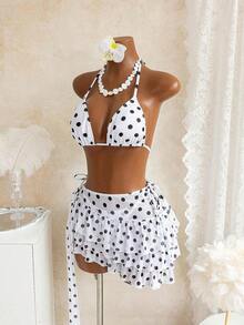 Bellisia Conjunto de traje de baño de 3 piezas con top de bikini estilo halter con estampado floral acuarela, tanga con lazos y falda pareo, para vacaciones de verano - Blanco y Negro - Ver 6
