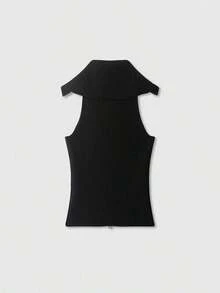 Blusa de punto de unicolor versátil y casual para mujer - Negro - Ver 2