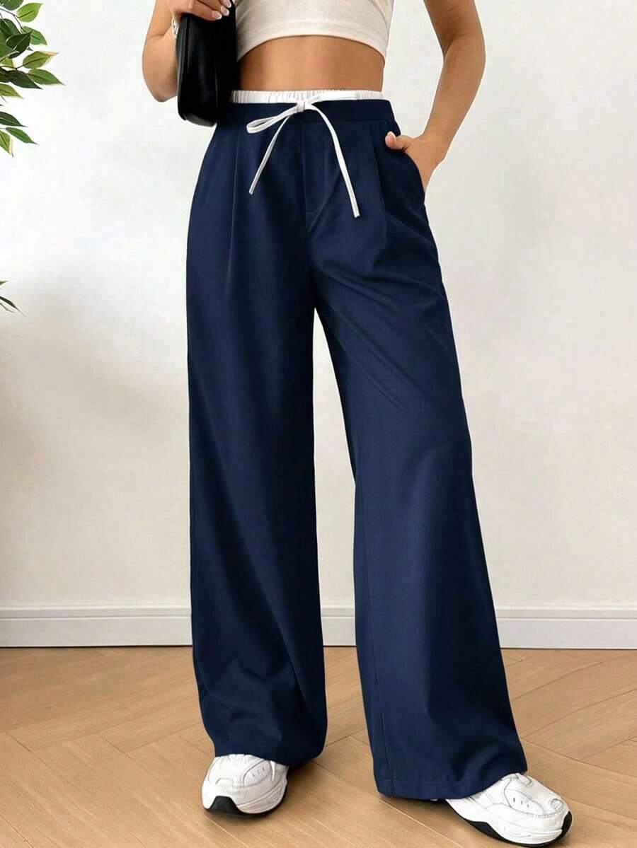 Mujeres Pantalones anchos de moda y casuales con diseño de cintura ajustable con lazo - Azul marino - Ver 1