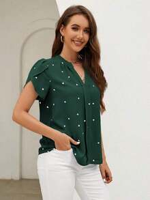 Blusa de mujer con estampado de corazón y mangas de pétalos, cuello en V, para verano y playa, con mangas cortas - Verde Oscuro - Ver 4