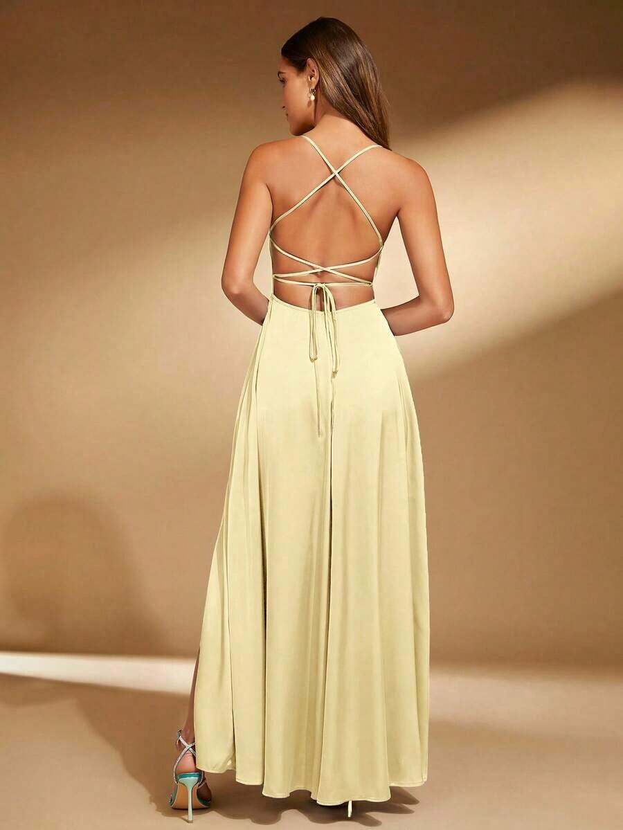 Vestido corto casual de mujer tipo minifalda con tirantes de espagueti, espalda cruzada y sin espalda, vestido de dama de honor - Amarillo - Ver 1