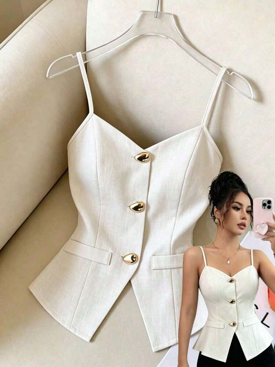 Nueva camiseta sin mangas casual con cuello en V, tirantes finos y decoración de botones para mujeres - Caqui - Ver 1