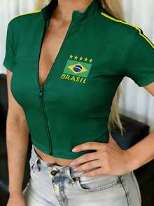 Parte superior de manga corta acortada con cierre frontal y estampado de la bandera de Brasil para mujer - Verde - Ver 5