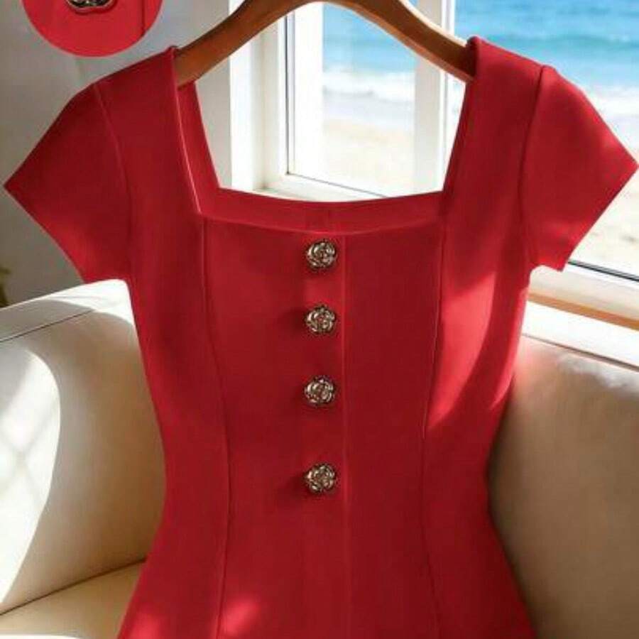 Camiseta de mujer con cuello cuadrado, botones decorativos y mangas cortas, de unicolor - Rojo - Ver 1