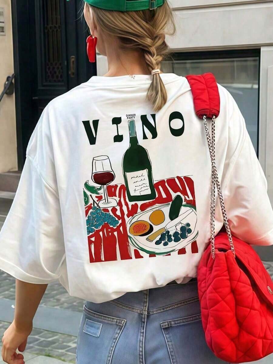Camiseta de manga corta para mujer con estampado retro italiano de vino y comida, estilo mediterráneo, holgada, con diseño gráfico, cuello redondo, informal, adecuada para uso diario, ropa de calle, salidas de verano, vacaciones, color blanco. - Blanco 2 - Ver 1