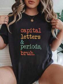 Camiseta Casual de Algodón para Mujer con Estampado Gráfico de Letras Mayúsculas y Puntos, Estilo Bruh, para Maestras de Inglés, Camiseta de Manga Corta de Algodón, Top Casual de Verano, Camiseta de Alta Calidad de Algodón Puro con Estampado Minimalista, Tela Suave y Transpirable, Cómoda y Holgada, Adecuada para Uso Diario, Ideal para Ropa Casual de Oficina, Apariencia Diaria de Primavera y Verano, Diseño Elegante y Juvenil. - Negro - Ver 7