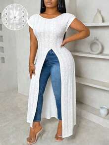 Camiseta casual de mujer talla grande con cuello de barco, decoración de patchwork geométrico, cintura ceñida y bajo con abertura - Blanco - Ver 5