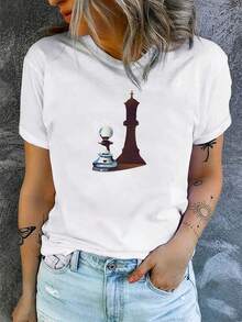 Camiseta de mujer con estampado de ajedrez, cuello redondo ajustado, top de manga corta a la moda para mujer. - Blanco - Ver 1