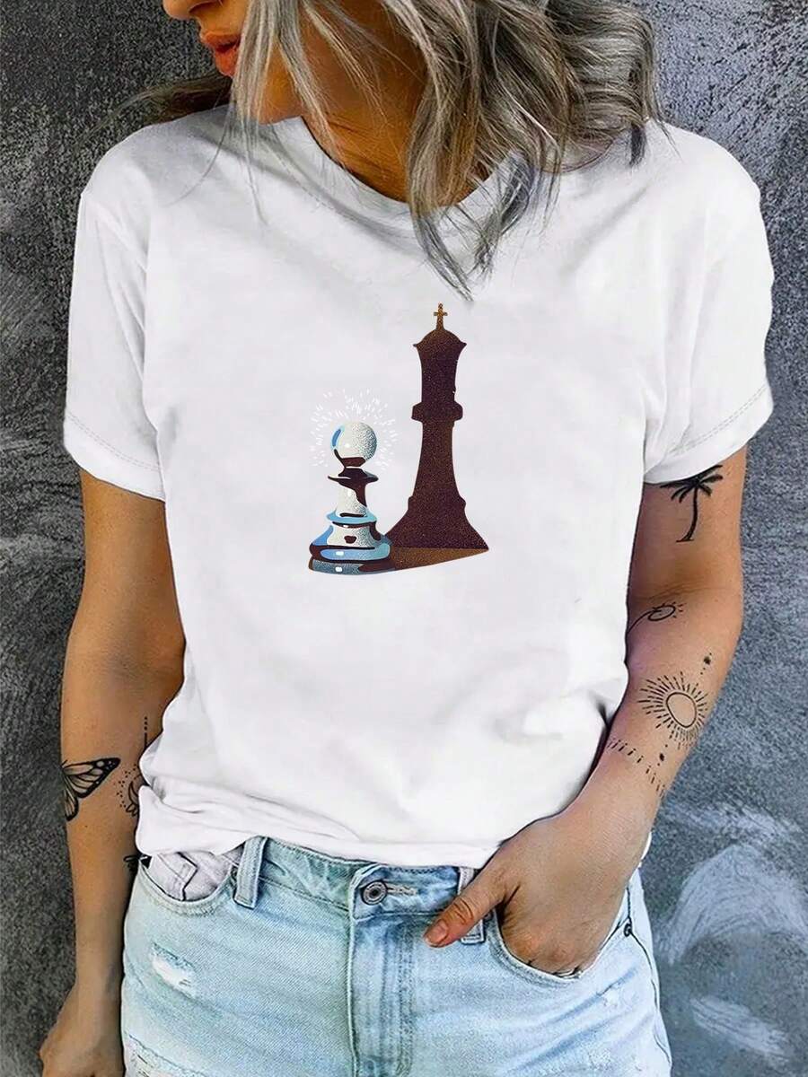 Camiseta de mujer con estampado de ajedrez, cuello redondo ajustado, top de manga corta a la moda para mujer. - Blanco - Ver 1