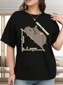 Talla - Camiseta de manga corta de algodón holgada unisex estilo vintage urbano con estampado divertido de hipopótamo - Lindo hipopótamo de dibujos animados con diseño coordinado, adecuada para tallas grandes, hecha de tela no transparente, lavable aáquina y duradera, para uso diario y de, ajuste cómodo para todas las estaciones, regalo divertido, atuendo divertido, estilo divertido, fácil de cuidar, para mujeres - Camiseta de manga corta con cuello redondo de algodón holgada unisex. - Negro - Ver 1