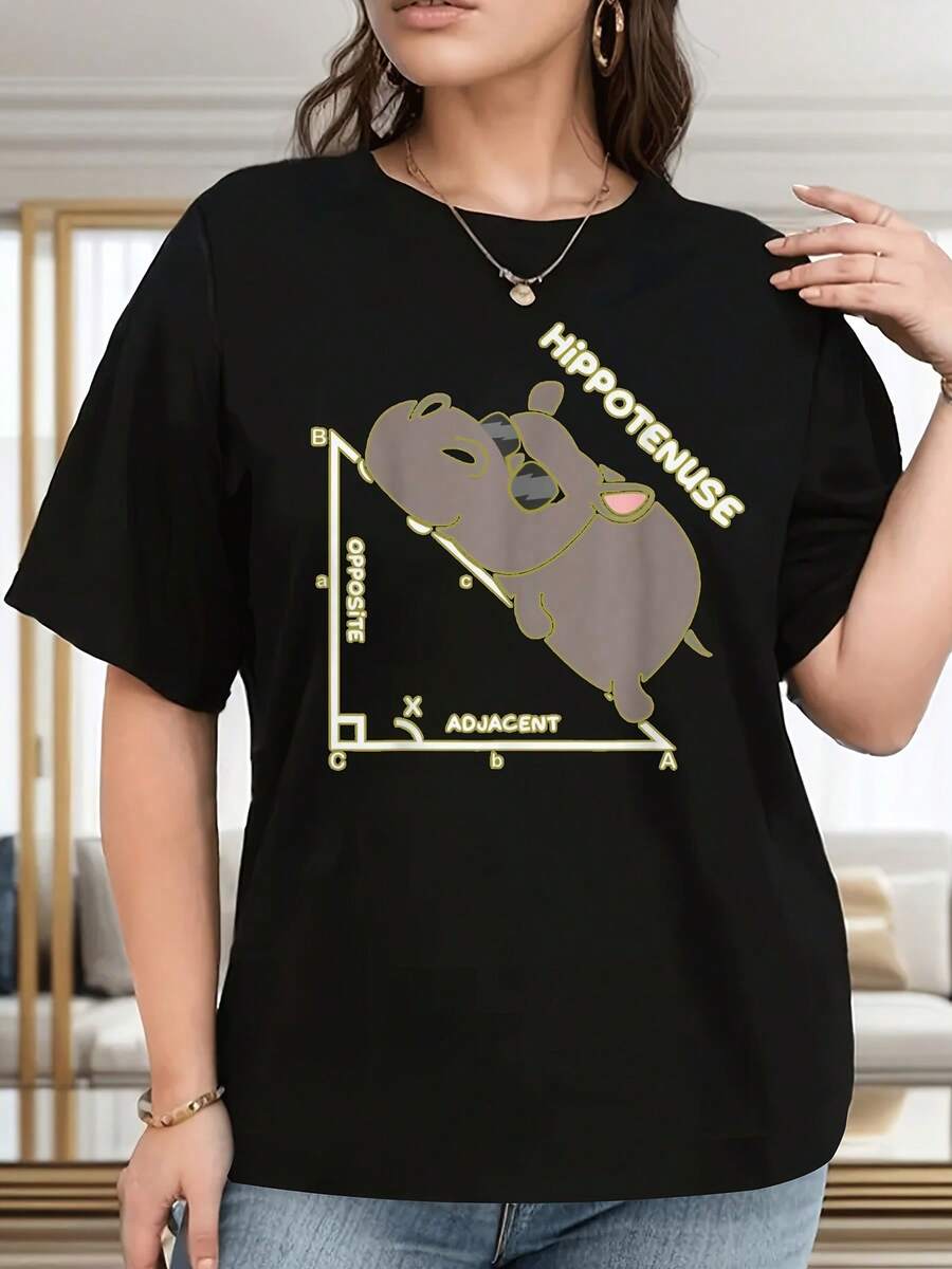 Talla - Camiseta de manga corta de algodón holgada unisex estilo vintage urbano con estampado divertido de hipopótamo - Lindo hipopótamo de dibujos animados con diseño coordinado, adecuada para tallas grandes, hecha de tela no transparente, lavable aáquina y duradera, para uso diario y de, ajuste cómodo para todas las estaciones, regalo divertido, atuendo divertido, estilo divertido, fácil de cuidar, para mujeres - Camiseta de manga corta con cuello redondo de algodón holgada unisex. - Negro - Ver 1