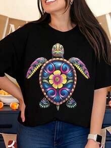 100% algodón, camiseta de mujer con estampado artístico de tortuga colorida, camiseta de mujer de corte holgado, blanca, con cuello redondo, estilo boho, diseño de animales, para vacaciones en la playa y festivales de verano. - Negro - Ver 6