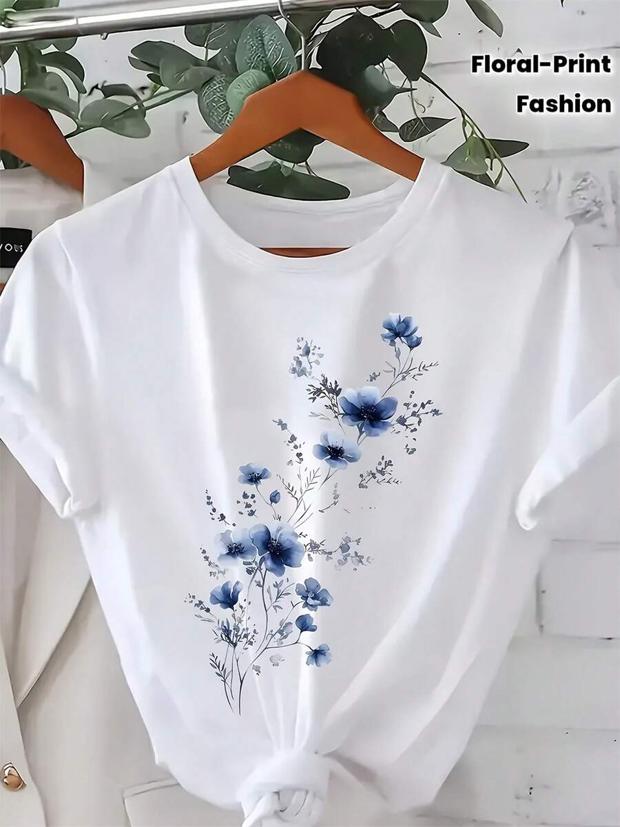 Camiseta de Estampado Floral - Diseño de Flores Azules, Moda para Mujer - Blanco - Ver 1