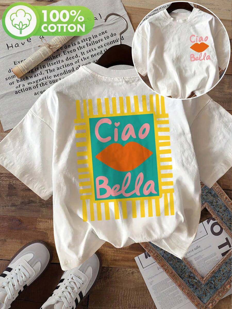 Women's Graphic Print T-Shirts, Short Sleeve Round Neck T-Shirt, Casual Top For Summer And Spring, Women's Clothing, Casual Blouses For Ladies. - 白色 - 查看 1