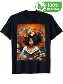 Hermosa camiseta negra diseño mujer afro entre flores y libros estilo artístico bohemio moda mexicana única cómoda para lectura fashion ideal regalo  Otoño Invierno 2023 colección inspiradora camiseta casual elegante para mujer empoderada - Negro - Ver 1