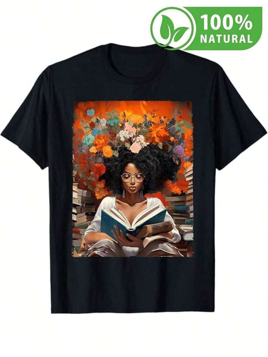Hermosa camiseta negra diseño mujer afro entre flores y libros estilo artístico bohemio moda mexicana única cómoda para lectura fashion ideal regalo  Otoño Invierno 2023 colección inspiradora camiseta casual elegante para mujer empoderada - Negro - Ver 1