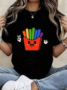 Camiseta Bonita con Estampado de Papas Fritas Arcoíris y "Fry Me A River Of Love" para Atuendos Casuales y Deportivos - Estilo Urbano Vintage Unisex, Camiseta de Manga Corta de Algodón Suelto con Cuello Redondo, 100% Algodón - Negro - Ver 7