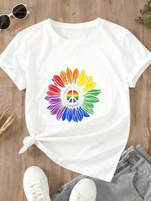 Camiseta Love Is Love con estampado de flor arcoíris y símbolo de paz, ropa casual deportiva para mujeres y niñas - Estilo vintage urbano, unisex, de algodón, manga corta, cuello redondo, 100% algodón. - Blanco - Ver 3