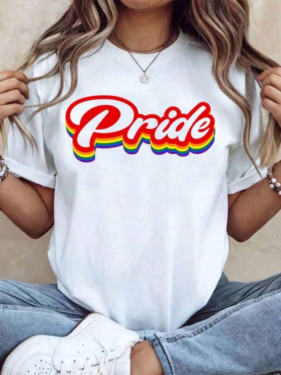 Unisex Pride Rainbow Cotton T-Shirt For LGBTQ Pride Month, Gay Pride Celebration, Event, Party, Casual Wear, 220g - Urban Vintage Style, Unisex Loose Fit Short Sleeve Crew Neck Cotton T-Shirt, 100% Cotton - 白色 - 查看 1