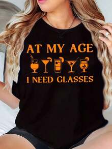 Camiseta Casual para Mujer con Estampado Gráfico de Coctel y la Frase 'A My Age I Need Glasses', Top Casual de Verano para Mujer - Negro - Ver 6