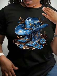 Estilo Vaquero Camiseta Negra Con Sombrero Bordado Azul Elegante Original y Moderno Para Mujeres Jóvenes y Adultas Tamaños S a XXL Moda Occidental Popular - Negro - Ver 1
