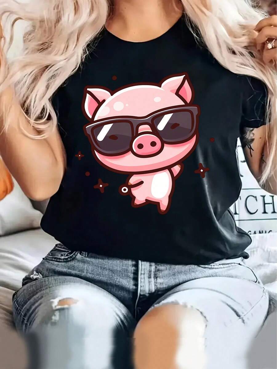 Cerditos Felices, Cerditos Alegres y Adorables, Cerditos con Gafas, Cerditos Geniales, Artículos Temáticos de Vacaciones, Regalos, Artículos Temáticos, Nuevas Camisetas Deportivas Casuales de Cuello Redondo para Mujer para Todas las Estaciones, CómodasDaily Casual Round Neck Short Sleeve-Shirt Women - Negro - Ver 1