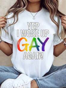 Sí, me volví a despertar gay, camiseta arcoíris del Orgullo para el Festival del Orgullo LGBTQ+ y uso diario, top casual unisex con diseño de texto gay colorido, 220g - Camiseta unisex de manga corta, cuello redondo, de algodón suelto, estilo vintage urbano, 100% algodón. - Blanco - Ver 7
