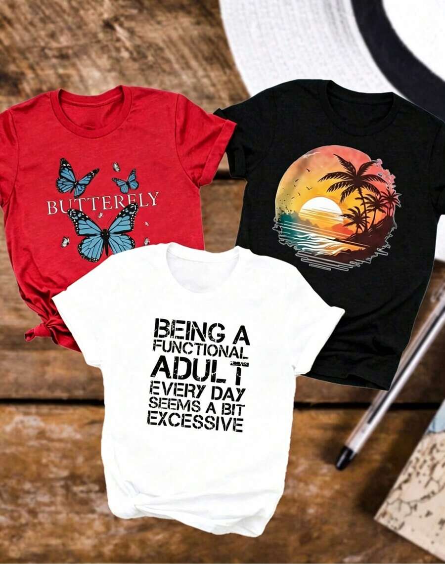 Artículo 3 de moda: Camiseta casual de manga corta para mujer con de mariposa, palmera al atardecer, estampado de texto funcional para adultos, camiseta de cuello redondo de manga corta para mujer, top deportivo casual transpirable de algodón puro, regalo para vacaciones, camiseta de primavera con diseño de mariposa para mujer, ideal para Pascua. - Negro - Ver 1