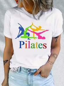Top con Estampado Colorido de Pilates y Texto, Camiseta Casual, Camiseta para Uso Diario, Camiseta para Vacaciones, Camiseta Deportiva, Ropa de Mujer - Blanco - Ver 7