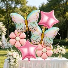 6pcs Pink Star Flower Butterfly Foil Balloons - Gradient Butterfly Design + Pentagram + Flower Balloons, Suitable For Birthday Party, Wedding, Engagement, Girl Theme Party Decoration - View 5