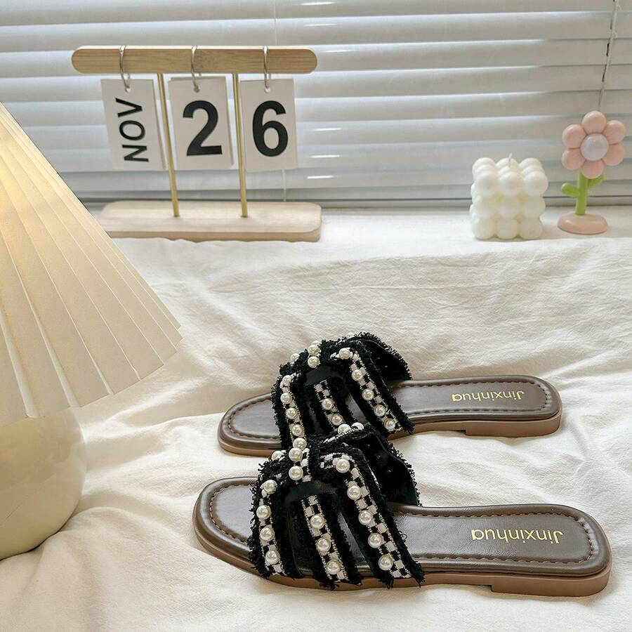 Giày sandal đế bằng kiểu Pháp dành cho nữ, giày lười đi biển mùa hè mới, gót thấp, quai ngang thời trang, phù hợp để phối cùng váy. - màu đen - Xem 1