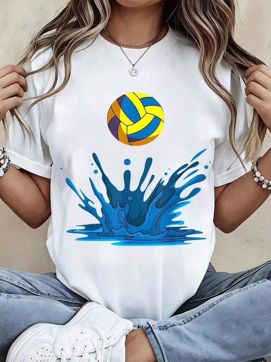 Women's Fashionable Volleyball Splash Design T-Shirt, Summer Casual Wear, Beach Sports Outfit, Lightweight And Comfortable Top For An Active Lifestyle - 白色 - 查看 1