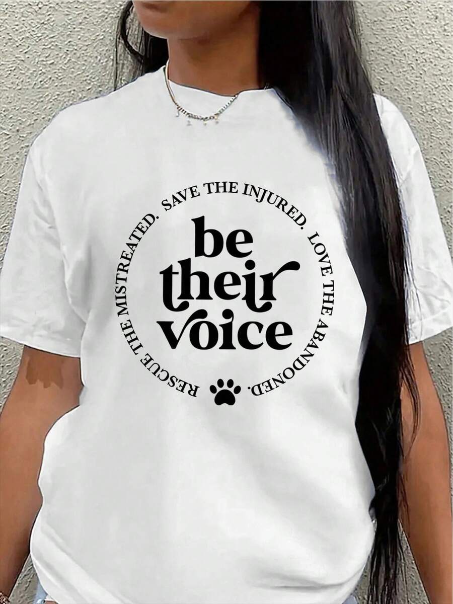 Lightweight And Durable Short-Sleeved T-Shirt, Designed For Animal Rescue Supporters, Featuring A "Speak Up For Them" Print And Paw Print Details, Perfect For Casual Outings, Lounging At Home, Or Other Activities. Women's Casual Blouse - 白色 - 查看 1