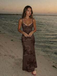Vestido de Verano  con Tirantes Finos, Estampado Floral Tropical Marrón, Estilo Bodycon con Estampado de Hibisco, Traje de Playa, Vestidos para Mujer para Festivales de Música Hawaiana - Dorado - Ver 8
