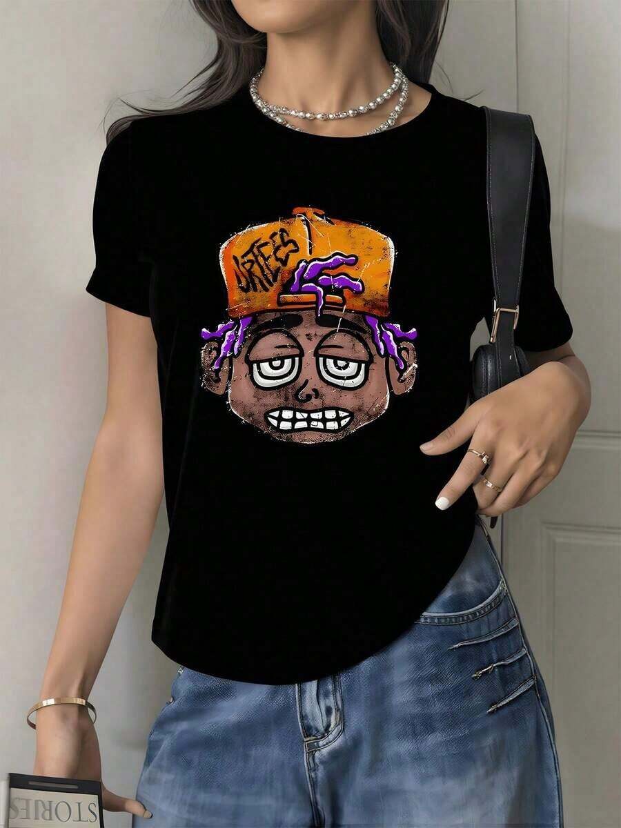 Ilustración de manos violetas levantando una gorra naranja que simboliza fuerza independencia y actitud urbana moderna camiseta para mujer suave y cómoda perfecta para uso diario - Negro - Ver 1