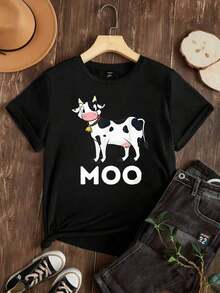 Camiseta de Mujer Casual con Cuello Redondo, Opcional en Blanco y Negro, Estampado de Vaca, Camiseta Gráfica MOO, Camisetas de Uso Diario de Verano, Tops de Verano, Camisetas Gráficas, Conjuntos de Verano, Camisetas Cortas de Mujer, Tops de Mujer, Ropa Vintage de Algodón, Ropa Linda para Mujer, Playera Holgada para Mujer - Negro - Ver 2