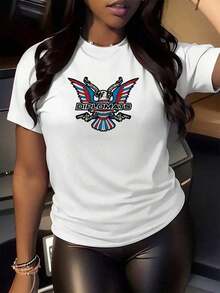 Comfortable Eagle With Wings In Red, Blue, And White Colors Symbolizing Strength, Freedom, And Courage, Carrying A Skull And Two Pistols As An Emblem Of Power. Women's 100% Cotton T-Shirts, Casual, Modern, And Comfortable Style For Everyday Wear. Fashion All-Match Women's Short Sleeve T-Shirt, Basic Style For Inner & Outer Wear - 白色的 - 查看 3