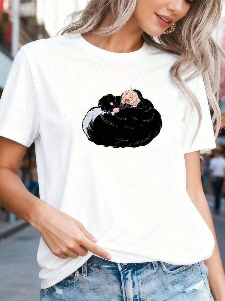 Camiseta con estampado gráfico de dibujos animados, estilo anime japonés Harajuku, camiseta de moda casual de manga corta, talla grande para mujer - 100% algodón.Adecuada para un uso casual versátil en primavera, verano y otoño. |   Diseño exquisito |   Suelto y cómodo |   Fácil de combinar | - Blanco 4 - Ver 1