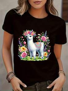 Women's T-shirt Camiseta de Mujer con Estampado de Alpaca, Tejido de Punto de Poliéster Suave, Camiseta Casual de Manga Corta con Cuello Redondo, Cómoda para Todas las Temporadas - Negro - Ver 7