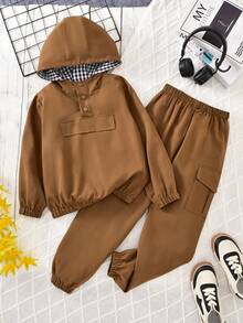 Vihyde Tween Boys Casual Sports Woven Half-Zip Decorative Button Hooded Overcoat Jacket 2Pcs For Autumn/Winter Boys Tracksuit - Brown - View 3
