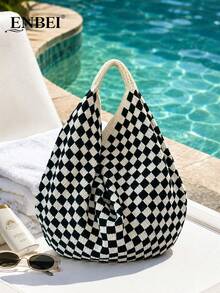 ENBEI 2026 Nova Bolsa de Praia Xadrez Primavera/Verão, Alça de Ombro Trançada à Mão, Bolsa Tote Grande em Crochê, Dobrável, Bolsa Feminina Elegante com Detalhes Vazados, Essencial para Passeios, Ideal para Encontros, Passeios, Compras, Férias, Cruzeiros, Presente Perfeito para o Dia das Mães, Dia dos Namorados, Dia dos Professores - Multicolorido - Ver 9