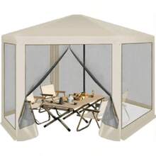 Pavillon 3,8x3,3 m sechseckig, Gartenpavillon mit Seitenwänden und Moskitonetz, Metallpavillon, Partyzelt, einfache Montage ohne Werkzeug, für Garten, Terrasse, Patio, beige - Weiß - Übersicht 6