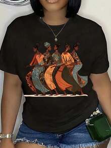 Camiseta con Estampado Artístico de Mujeres Africanas para Mujer, Diseño Cultural, Moda Casual, Atuendo de Verano con Shorts de Mezclilla y Bolso de Paja, Camiseta de Algodón - Negro - Ver 1
