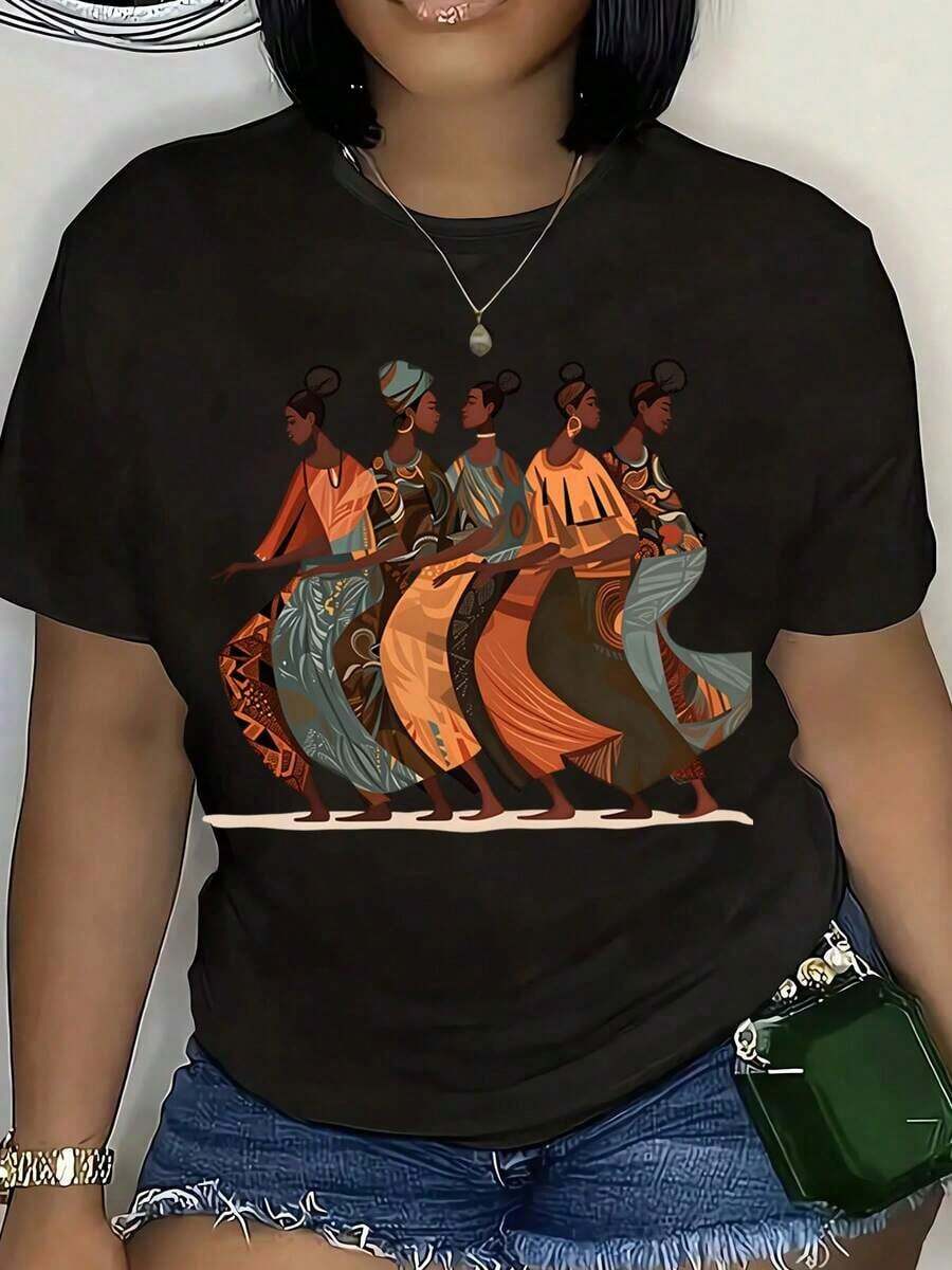 Camiseta con Estampado Artístico de Mujeres Africanas para Mujer, Diseño Cultural, Moda Casual, Atuendo de Verano con Shorts de Mezclilla y Bolso de Paja, Camiseta de Algodón - Negro - Ver 1