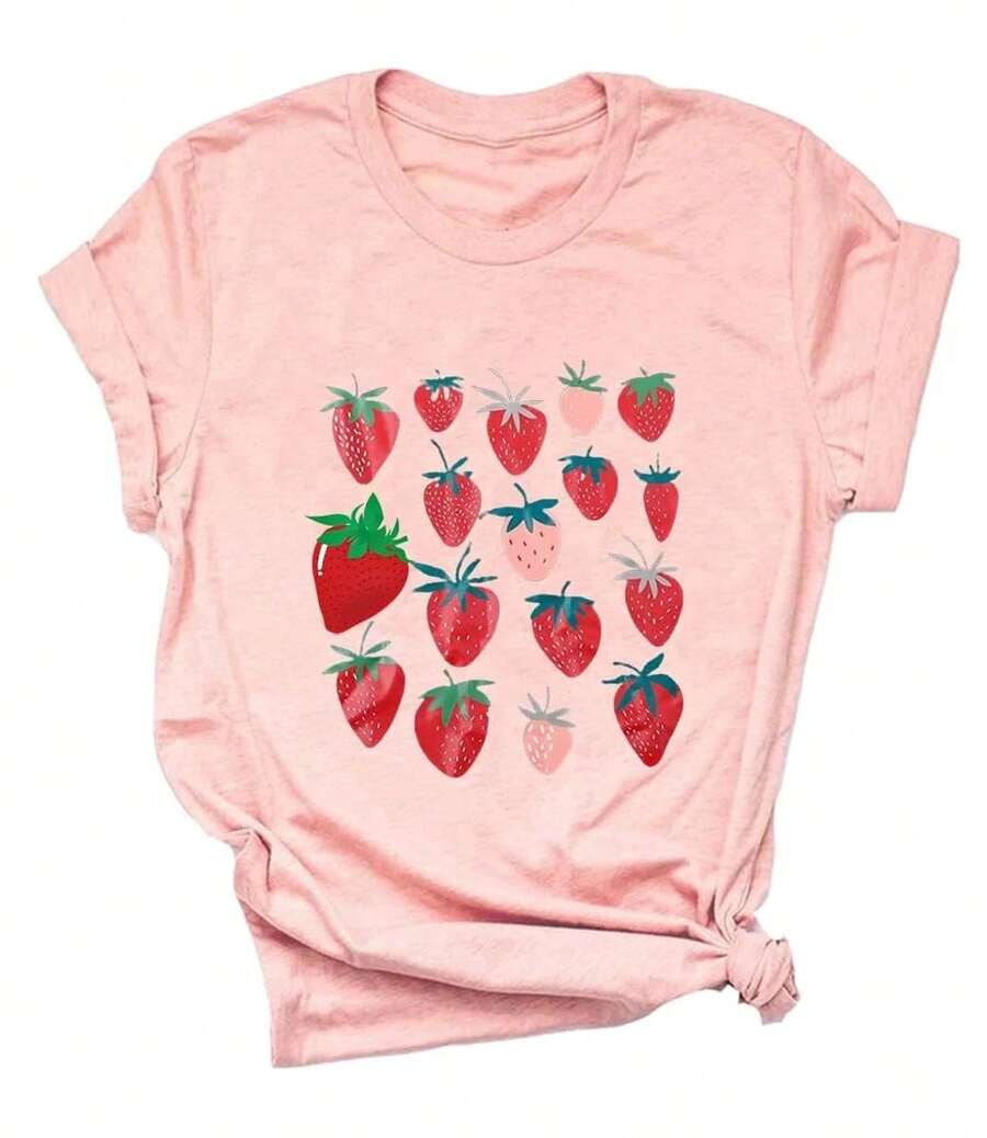 [National Shipping] VILOVE Camisetas Gráficas Lindas de Fresas para Mujer, Camisetas con Estampado de Frutas, Ropa Estilo Cottagecore, Camiseta de Cuello Redondo, Camisetas de Jardín