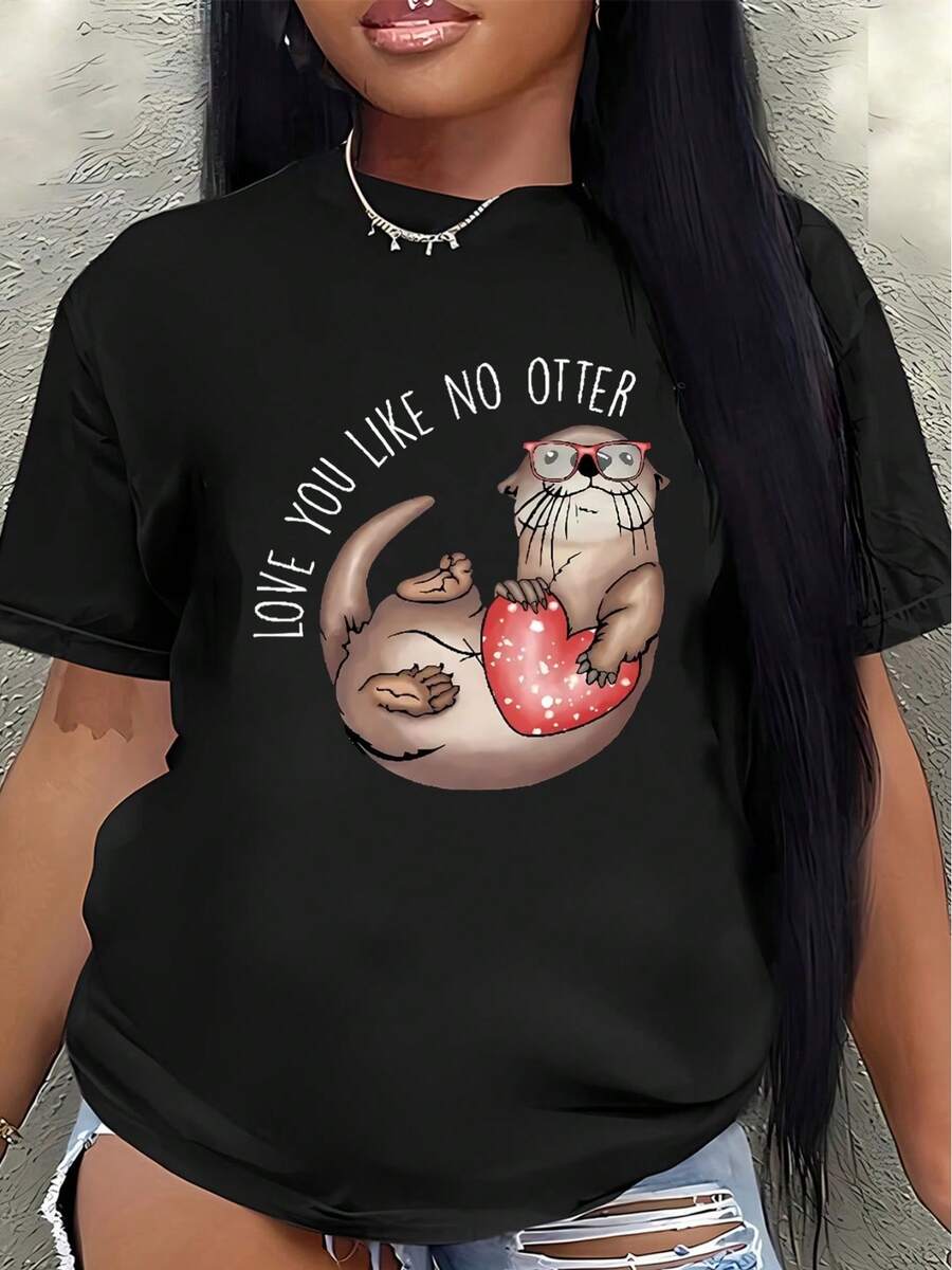 Camiseta de manga corta de poliéster, estampada con un lindo diseño de nutria y la frase "Te amo tanto como amo a las nutrias", es ligera y duradera, adecuada para el hogar, la oficina o salidas informales, una opción ideal para los amantes de los animales. - Negro - Ver 1