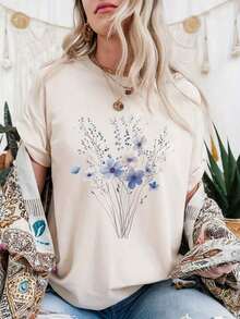 Camiseta Casual Minimalista Azul con Estampado de Flores Silvestres Vintage, Estética Botánica de Cottagre, Estilo Pastel Natural, Top de Moda para Mujer - Blanco 2 - Ver 1