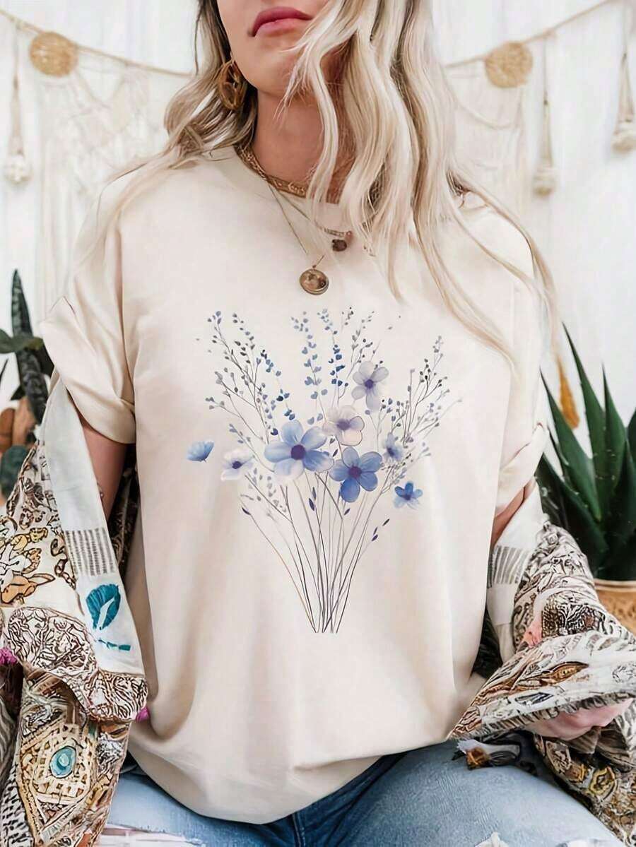 Camiseta Casual Minimalista Azul con Estampado de Flores Silvestres Vintage, Estética Botánica de Cottagre, Estilo Pastel Natural, Top de Moda para Mujer - Blanco 2 - Ver 1